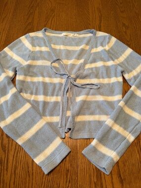 Altar’d Stare Light Blue and White Striped Tie-Front Cropped Cardigan Medium